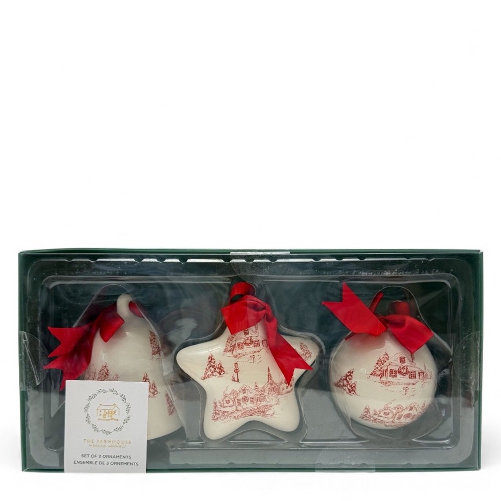 Rachel Ashwell Shabby Chic Set of 3 Red Transferware Ceramic Christmas Ornaments